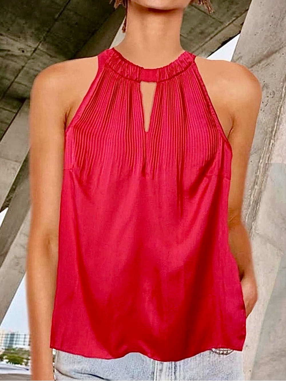 Pleated Keyhole Halter Tank Top